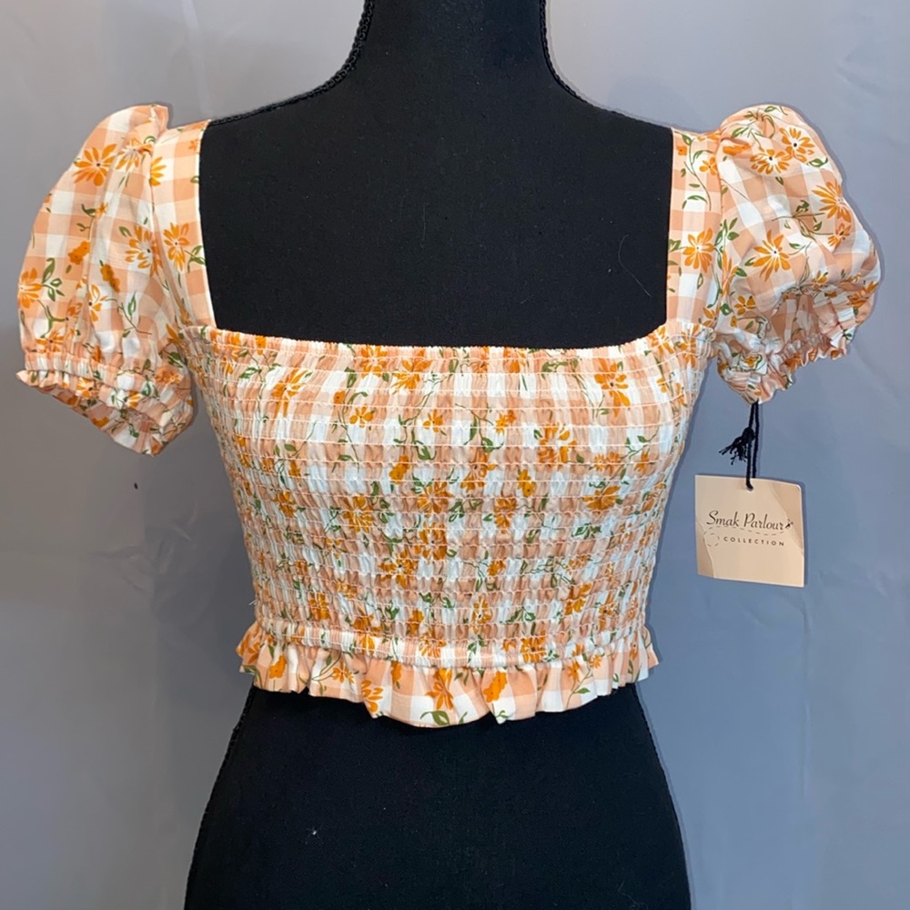 Smak Parlour Peach Gingham Smocked Crop Top Size XS NWT